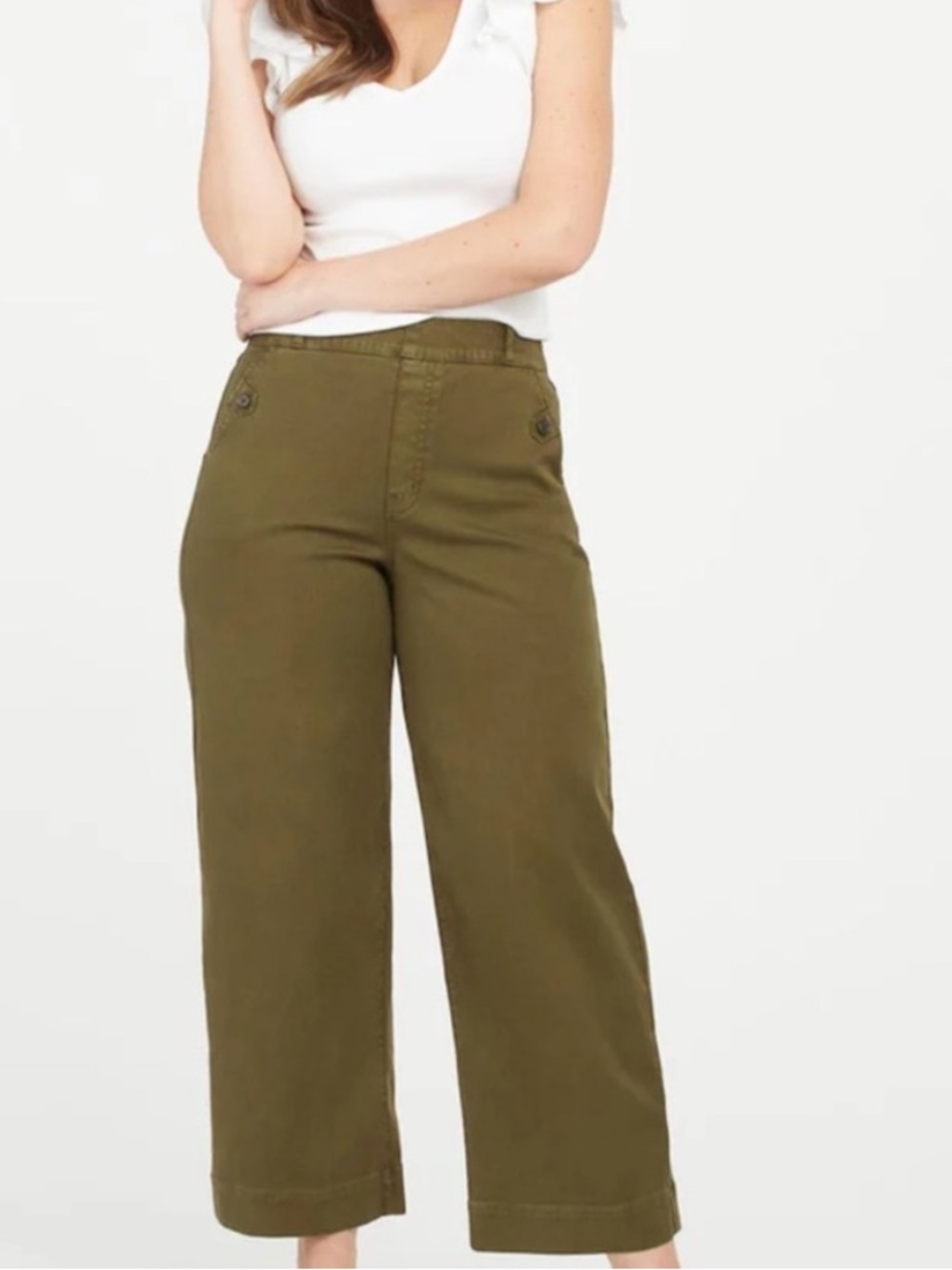 SPANX Green Stretch Twill Pull on Cropped Wide Leg Pant Sz Large Women’s